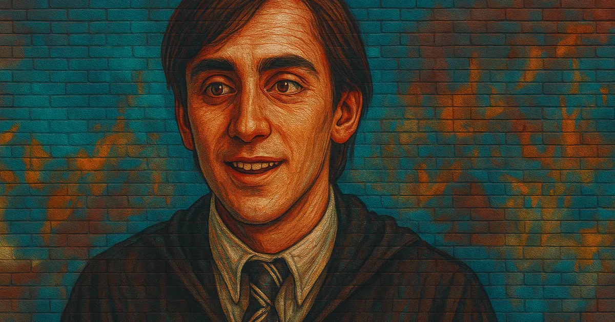 street art portrait of Roger Davies, a smiling young man with brown hair wearing a Ravenclaw tie and robes
