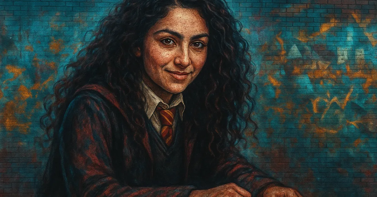 graffiti mural of Romilda Vane, a girl with long dark curly hair leaning on her arms with a sweet yet mischievous smile