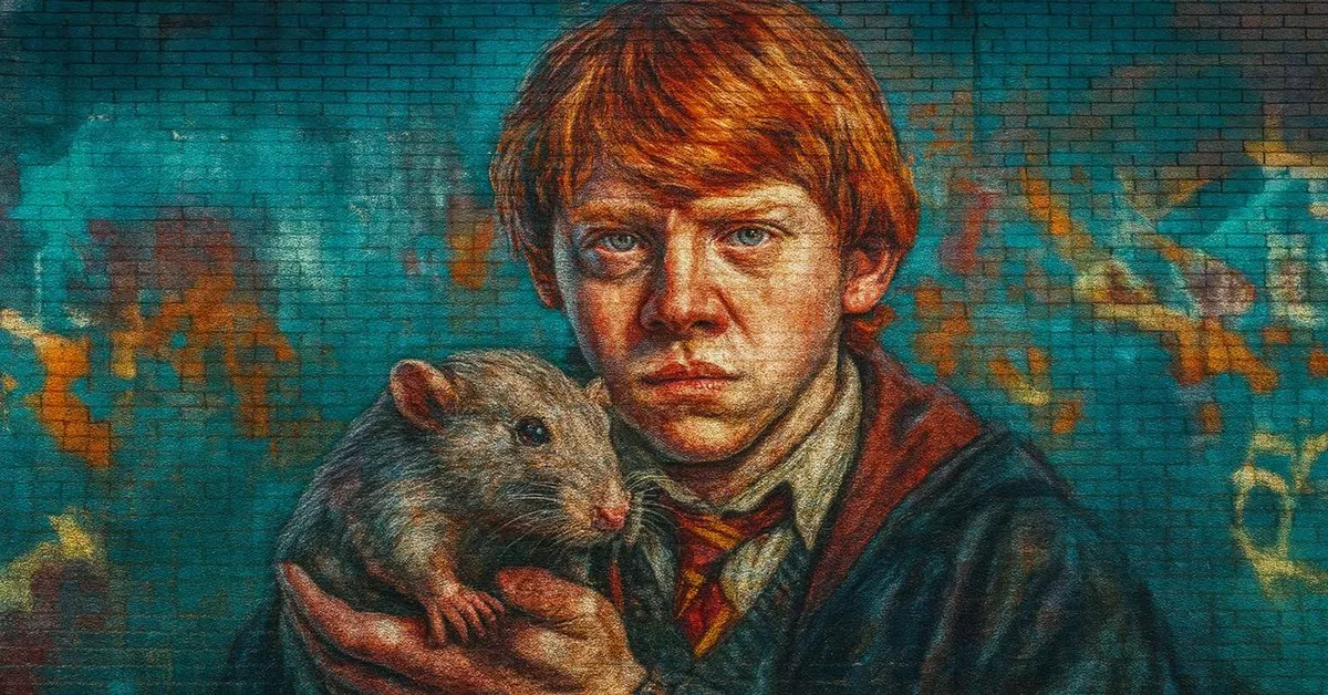 hyper-realistic street art of Ron Weasley holding his pet rat Scabbers close with a concerned expression on his face