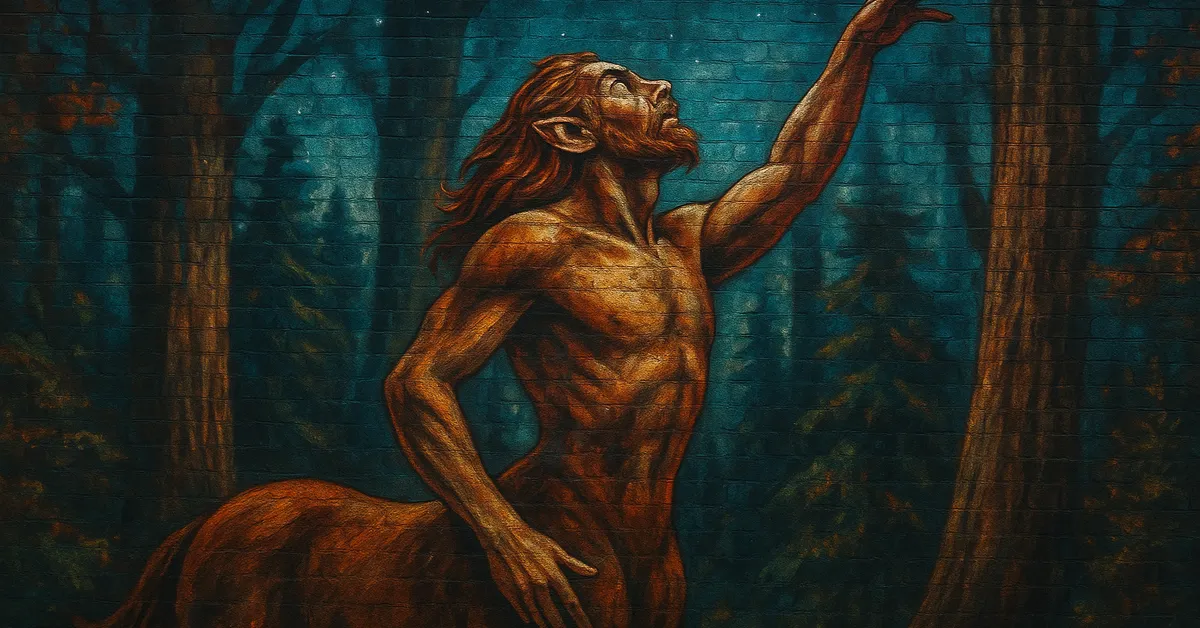 mural of Ronan The Centaur with red hair and beard reaching up towards the stars against a dark blue forest background