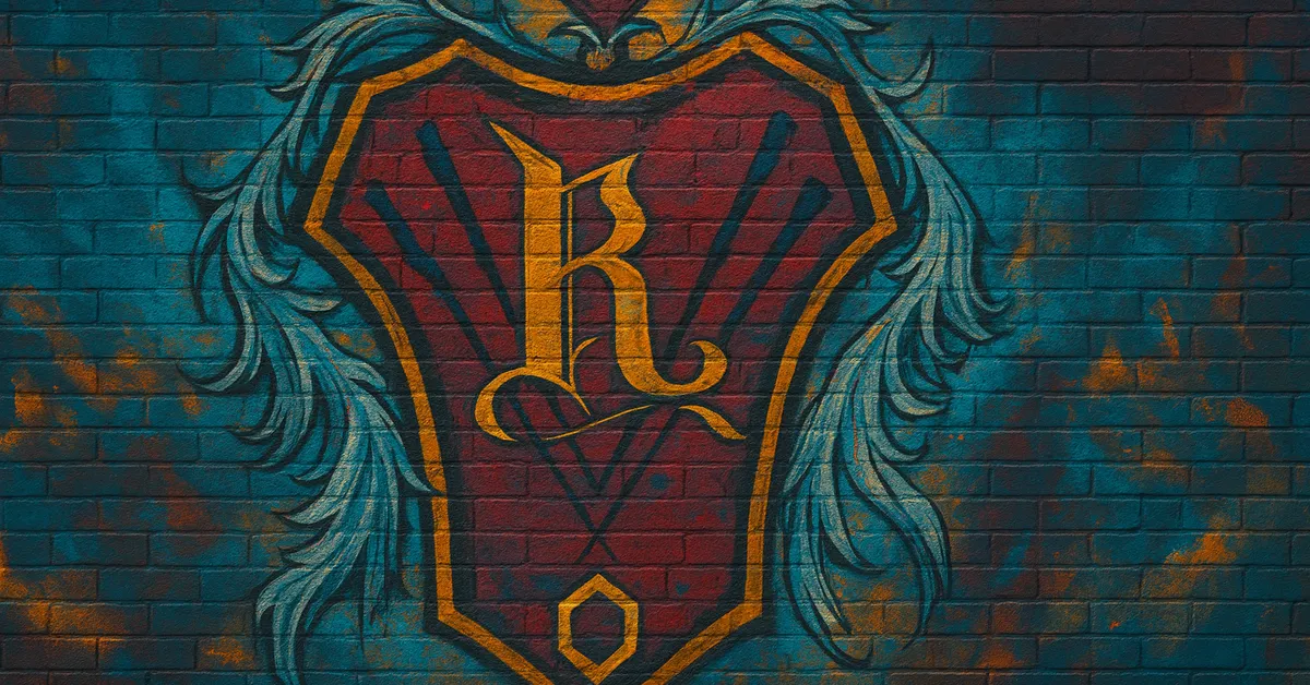 graffiti mural of the Rookwood Family crest featuring a red shield with a gold letter 'R' flanked by blue feathered plumes