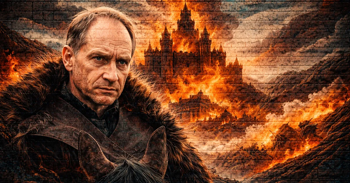 Roose Bolton wearing battle vlothing, hair a mess readies for battle as a kingdom behind him falls to flames