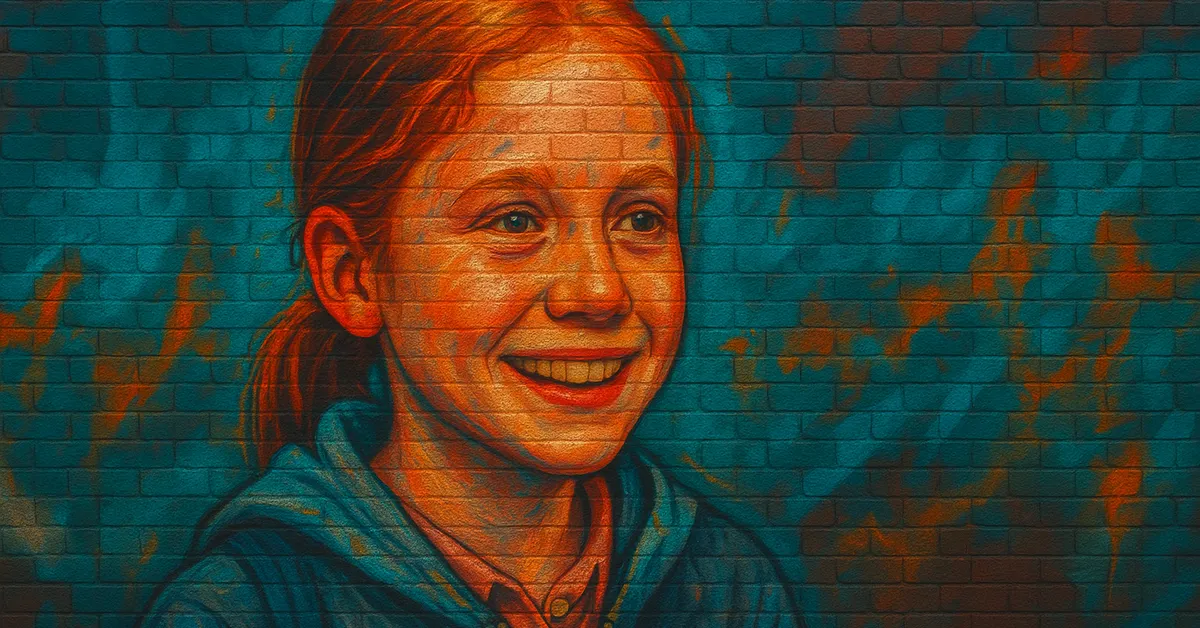 graffiti portrait of Rose Granger-Weasley, a smiling young girl with red hair wearing a blue hoodie on a brick wall