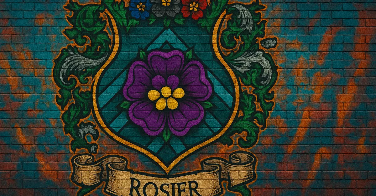 graffiti mural of the Rosier Family crest featuring a purple rose on a blue chevron shield surrounded by foliage