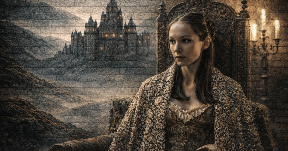 Roslin Frey sits in her chair, looking roayl and older than her age as a castle lights up at sunest