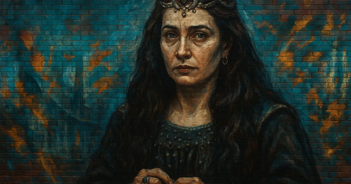 mural of Rowena Ravenclaw depicting a beautiful woman with long dark hair wearing her famous diadem and a dark gown