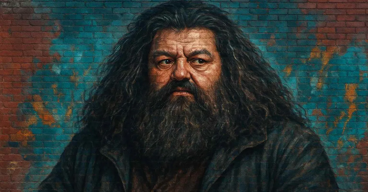 hyper-realistic street art of Rubeus Hagrid showing a massive man with a wild mane of black hair and beard looking serious