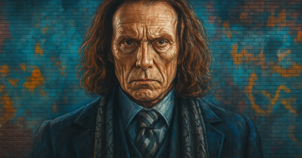 hyper-realistic mural of Rufus Scrimgeour, a battle-hardened wizard with a lion-like mane of hair and intense eyes