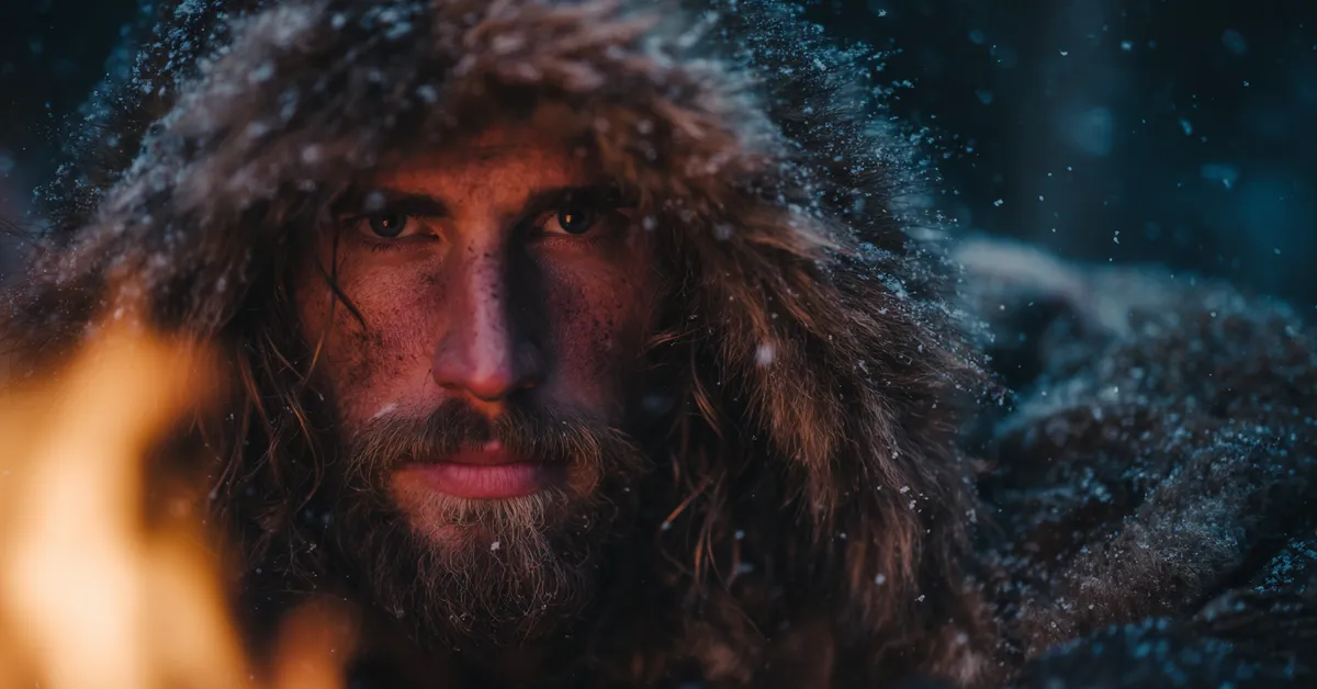 A cinematic portrait of a bearded warrior in a fur-lined cloak sitting by a campfire at twilight with snow falling embodying the rugged Northern archetype