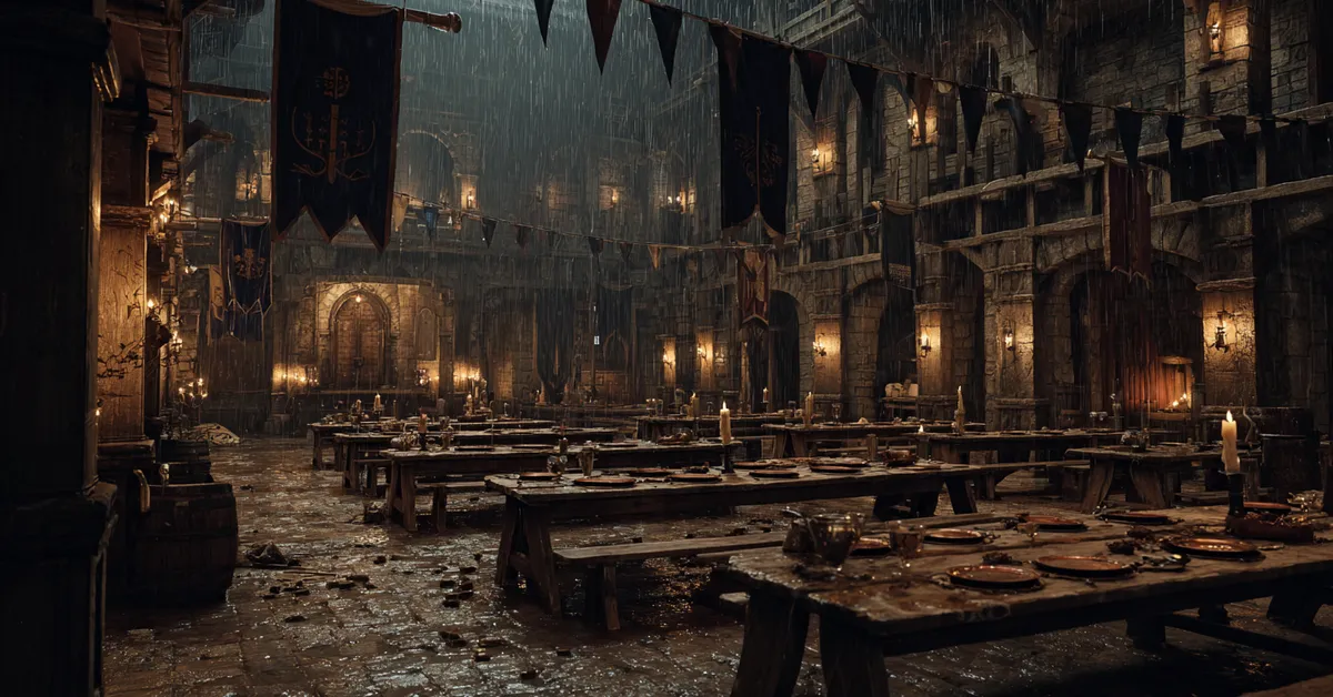 A dimly lit and rain-soaked medieval feast hall lies in ruin with overturned tables and broken plates scattered on the floor capturing the somber aftermath of a betrayal like the Red Wedding
