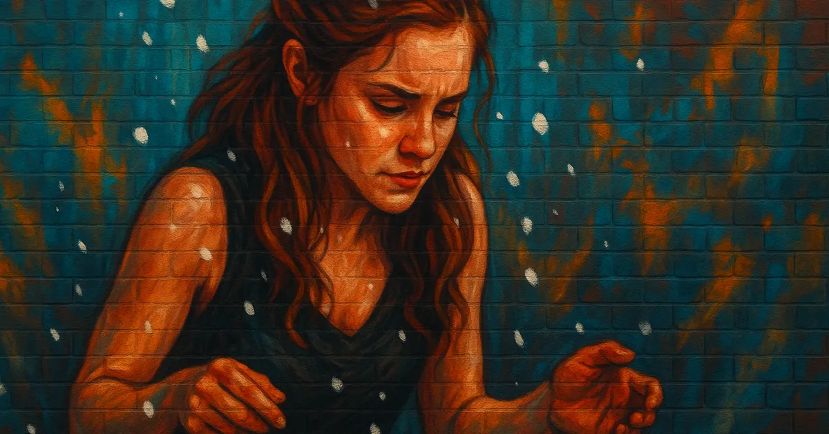 painting of S. Fawcett, a young girl with long reddish hair looking down at her hands amidst floating white particles