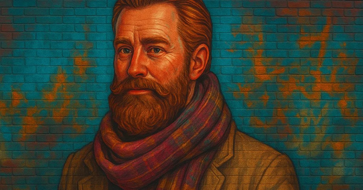 hyper-realistic street art of Sage Bragnam, a man with a thick red beard and mustache wearing a plaid scarf