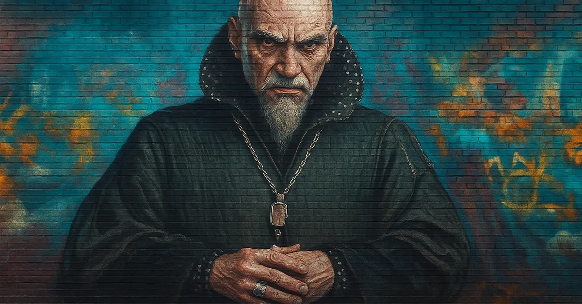 mural of Salazar Slytherin depicting a bald elderly wizard with a white goatee and a heavy silver locket looking stern