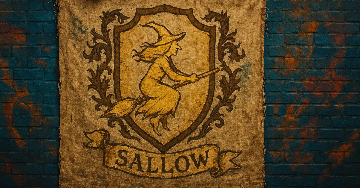 street art of the Sallow Family crest featuring a golden shield with a witch flying on a broomstick painted on a fabric banner