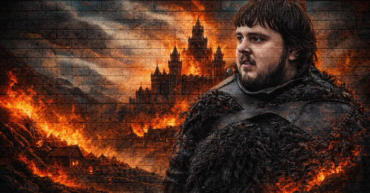 Samwell Tarly covered on snow, his dark hair scruffy and eyes ingtent on success as the landscape burns behind him