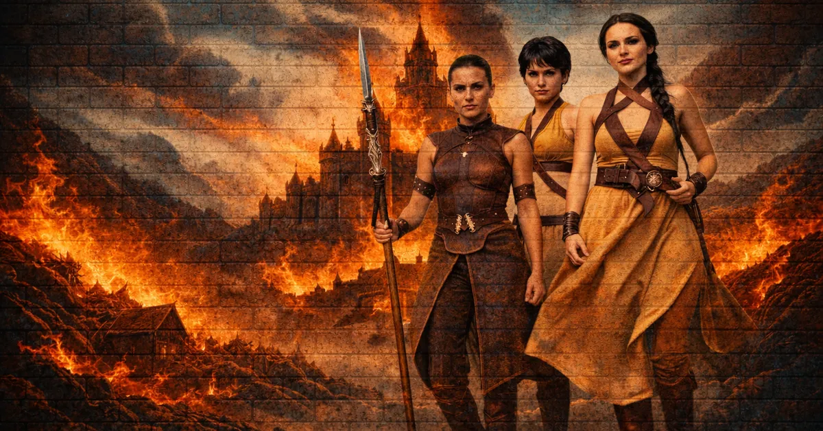 The Sand Snakes walk toward you, all wearing battle gear looking stunning as flames engulf the castle they just left