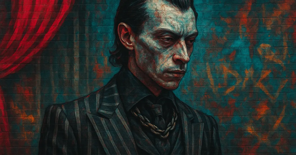 painting of Sanguini The Vampire, a gaunt pale man in a dark striped suit standing against a red curtain background