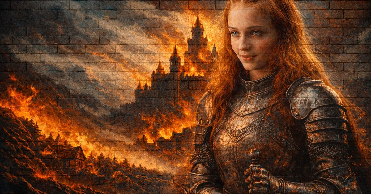 Sansa Stark in her arnour, dark and meanacing, fire red hair, with a burning castle behind