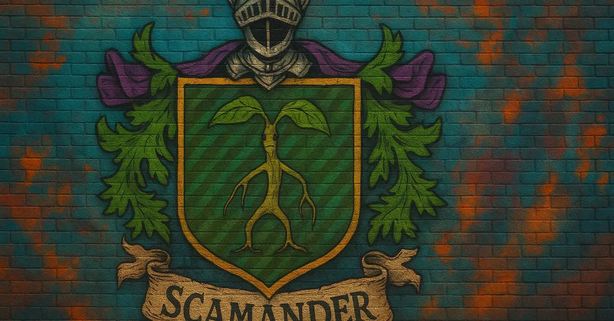 graffiti mural of the Scamander Family crest displaying a green shield with a Bowtruckle creature topped with a helmet