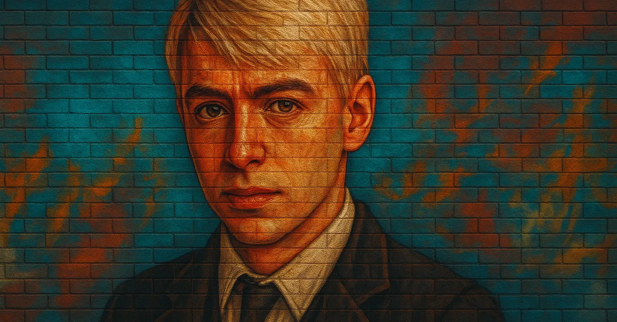 portrait of Scorpius Malfoy, a young man with platinum blonde hair and a serious expression wearing a dark suit
