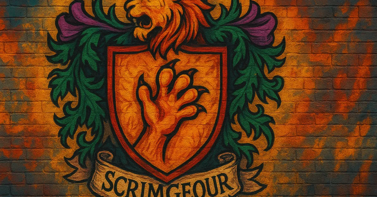 street art of the Scrimgeour Family crest featuring a red shield with a large golden lion's paw and a lion head crest