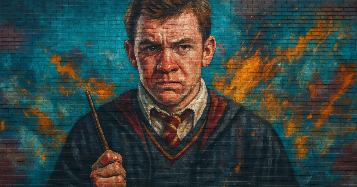 hyper-realistic street art of Seamus Finnigan holding a wand with a soot-stained face and fierce expression