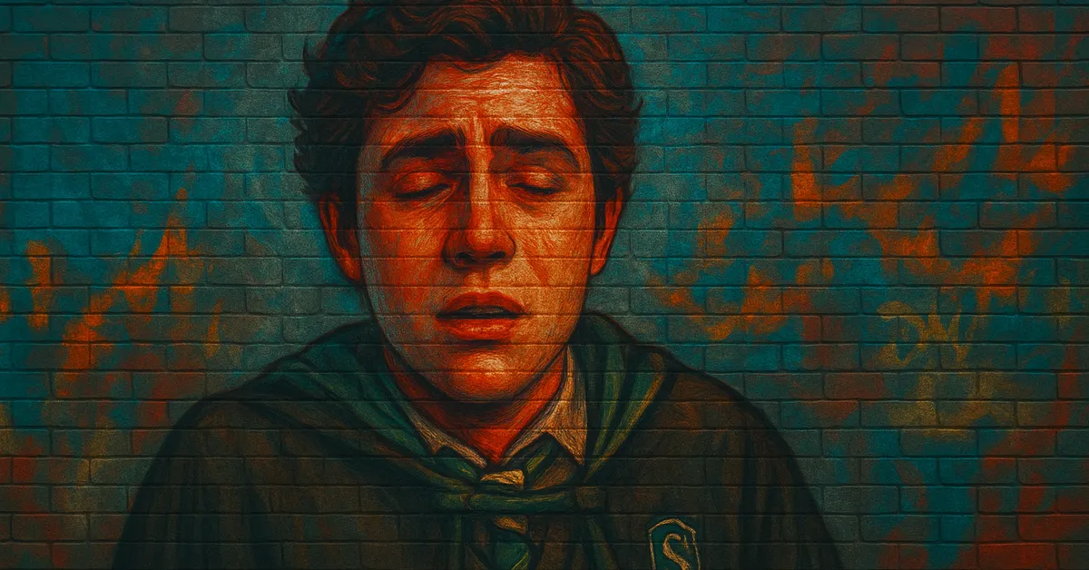 graffiti portrait of Sebastian Sallow, a young student with curly brown hair and a pained expression wearing Slytherin robes