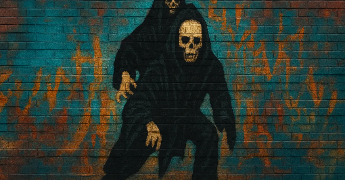mural of Selwyn depicted as a menacing figure in a skull mask and dark robes representing the Death Eater