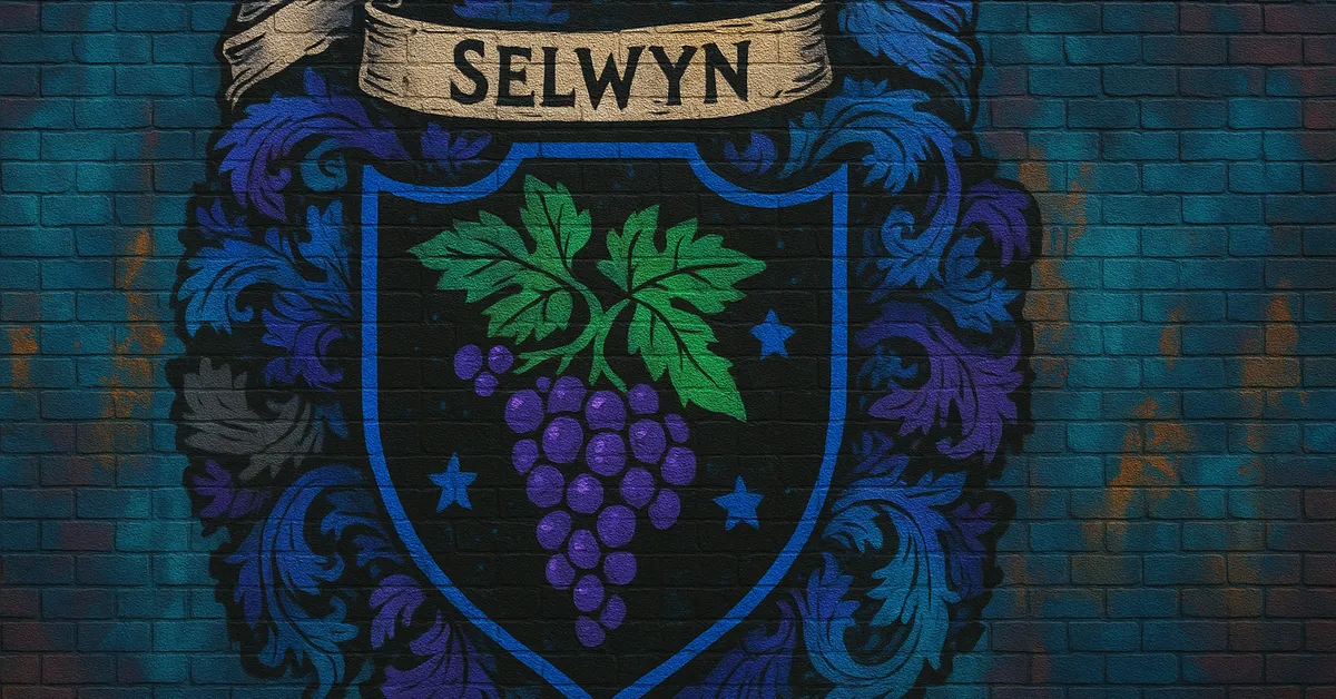 graffiti mural of the Selwyn Family crest featuring a bunch of purple grapes on a black shield surrounded by foliage