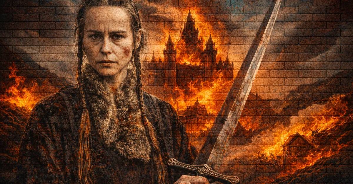 Selyse Florent stands tall, sword at the ready, waiting for battle as behind her a castle in engulfed by a furious fire