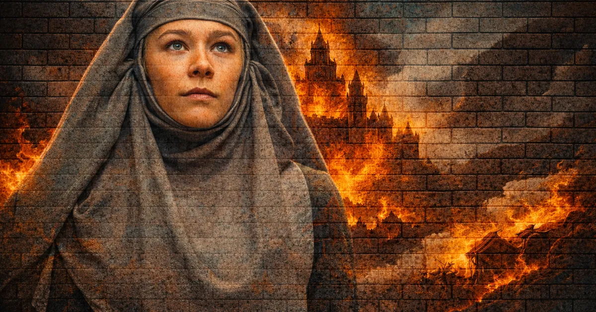 Septa Unella wears her headress exactly perfect as she walks slowly from the flames. She does not fear the flames as she created them