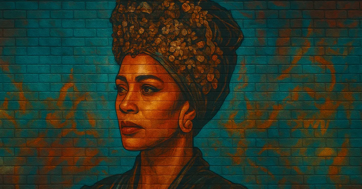hyper-realistic painting of Seraphina Picquery wearing an elaborate golden headdress and looking regal against a blue brick wall