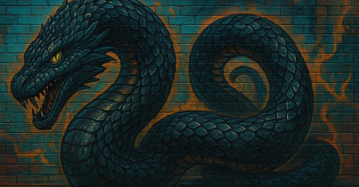 street art of the Serpent Of Slytherin showing a massive coiled snake with green scales and yellow eyes