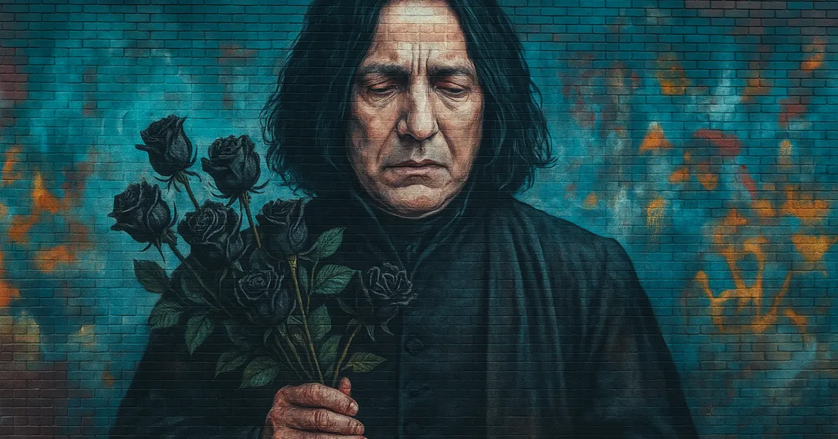A mural of Severus Snape standing solemnly while holding a bunch of black roses against a blue and orange brick wall his dark robes and expression instantly tying him to Hogwarts