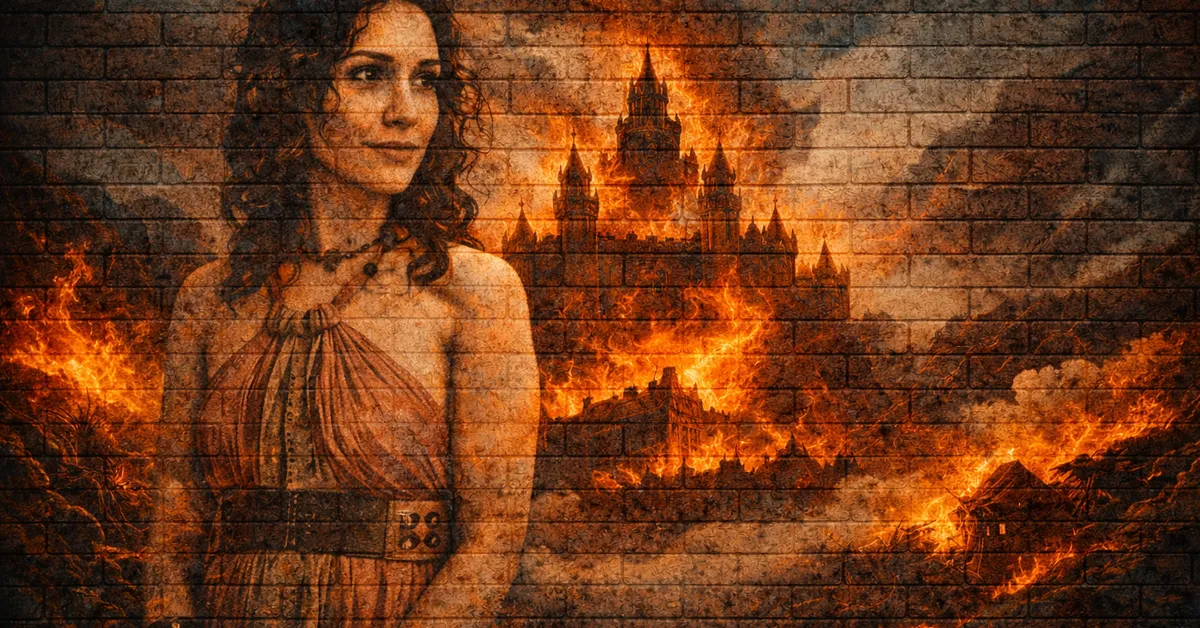 Shae stands before us, looking beautiful with long brown hair and a pink dress. Behind her the world burns with fury