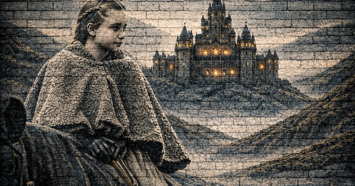 Shireen Baratheon rining a horse, looking glum and sad as she rides away from the castle she lived ine