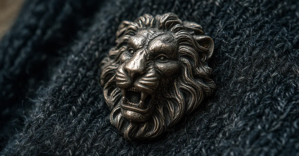 A close-up of a tarnished silver cloak clasp shaped like a snarling lion's head pinned to dark wool symbolizing the wealth and power of House Lannister