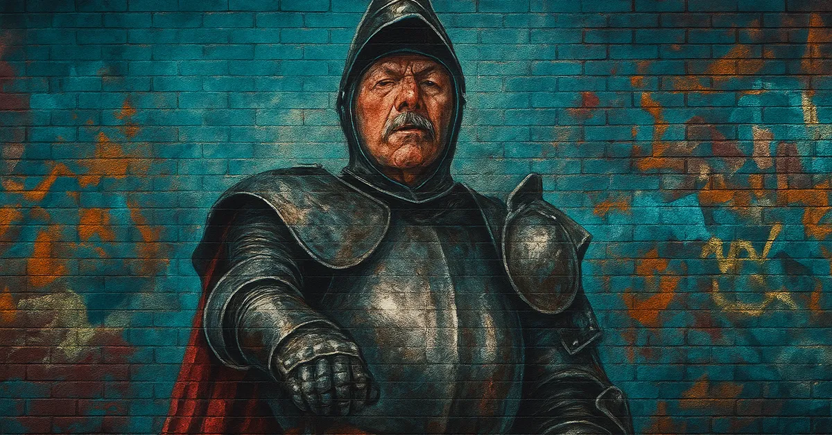 mural of Sir Cadogan as an armored knight with a mustache pointing his finger forward on a brick background