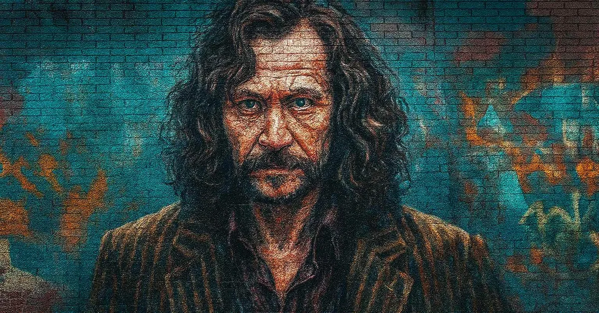 graffiti portrait of Sirius Black, a man with long dark matted hair and a gaunt face staring intensely from a brick wall