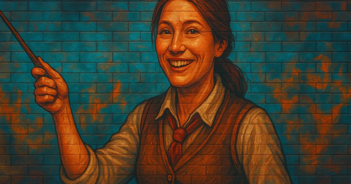 painting of Sirona Ryan, a woman with a warm smile and reddish-brown hair holding a wand while wearing a vest and tie