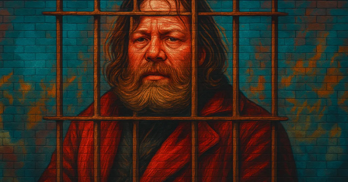 hyper-realistic street art of Skender, a man with a thick beard and long hair looking through iron bars with a serious expression