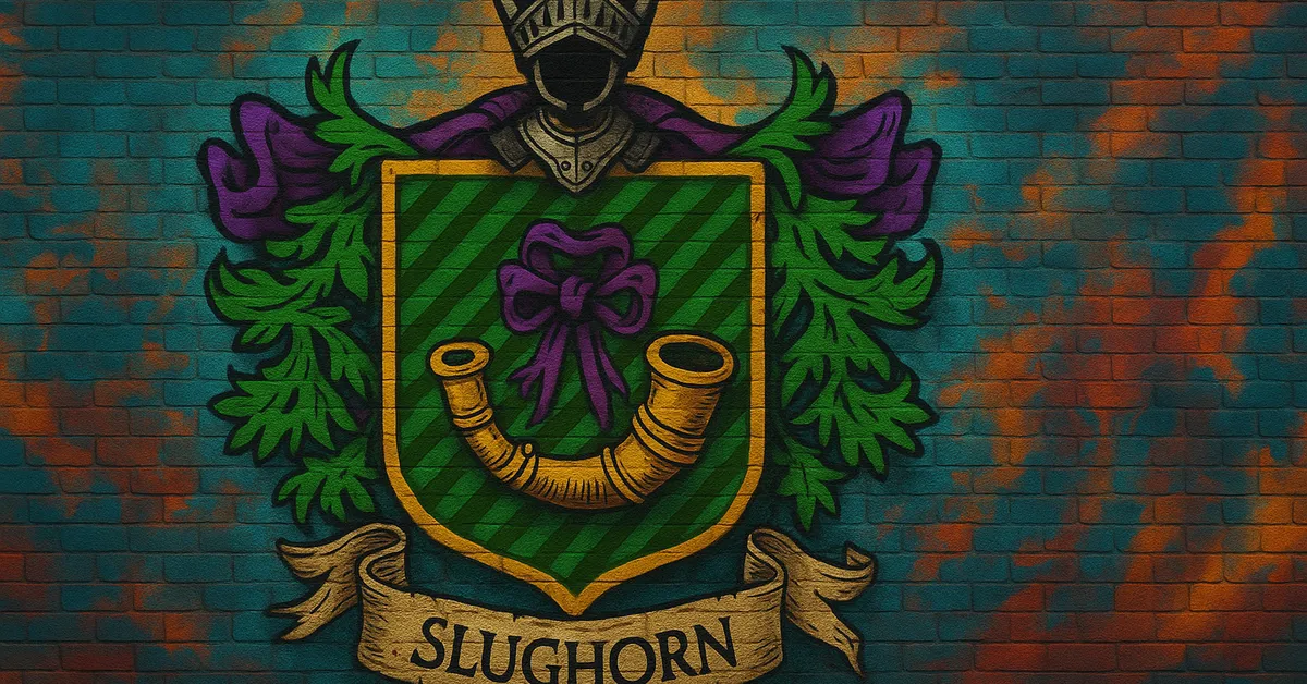 mural of the Slughorn Family crest featuring a golden hunting horn with a purple bow on a green and black striped shield