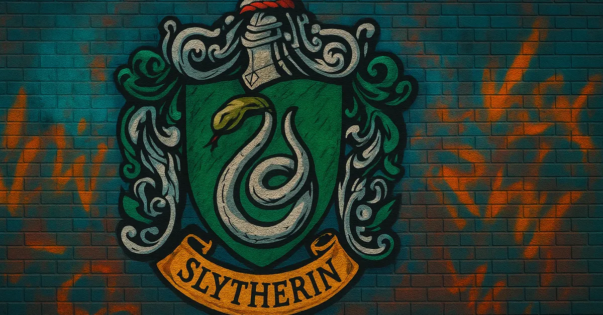 graffiti mural of the Slytherin Family crest displaying a coiled silver snake on a green shield topped with a knight's helmet