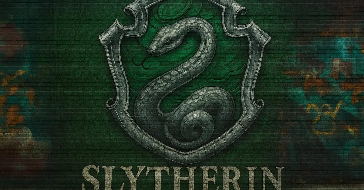 A mural of the Slytherin house crest featuring a curled silver serpent inside a silver frame on a deep green brick wall