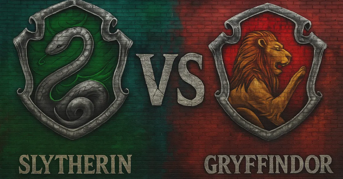 A mural showing the Slytherin serpent crest on a green wall facing the Gryffindor lion crest on a red wall with a large VS between them