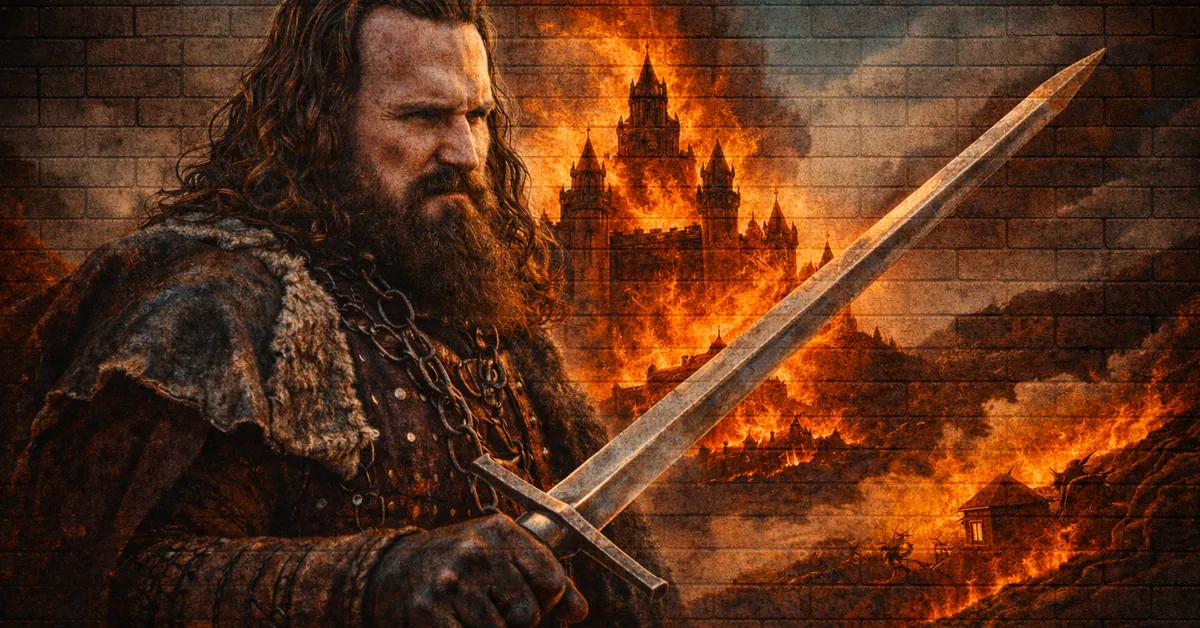 Smalljon Umber looks fierce and ready for battle whilst his fathers castle explodes in fire and fury behind him