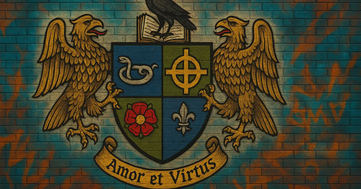 street art of the Snape Family crest featuring a shield with a snake, cross, rose, and fleur-de-lis under a raven and the motto Amor et Virtus