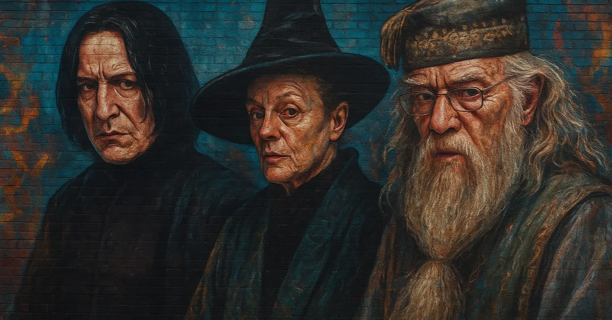 A mural of Severus Snape Professor McGonagall and Albus Dumbledore standing side by side with serious expressions against a blue brick wall