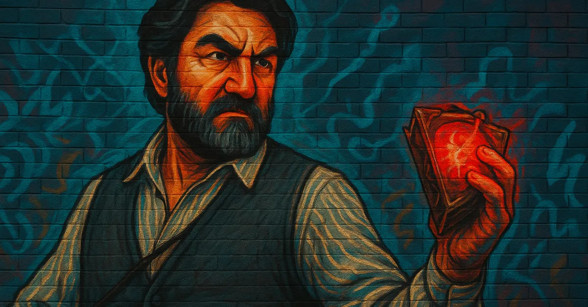 painting of Solomon Sallow, a bearded man with a stern expression holding a glowing red relic in his hand against a blue background
