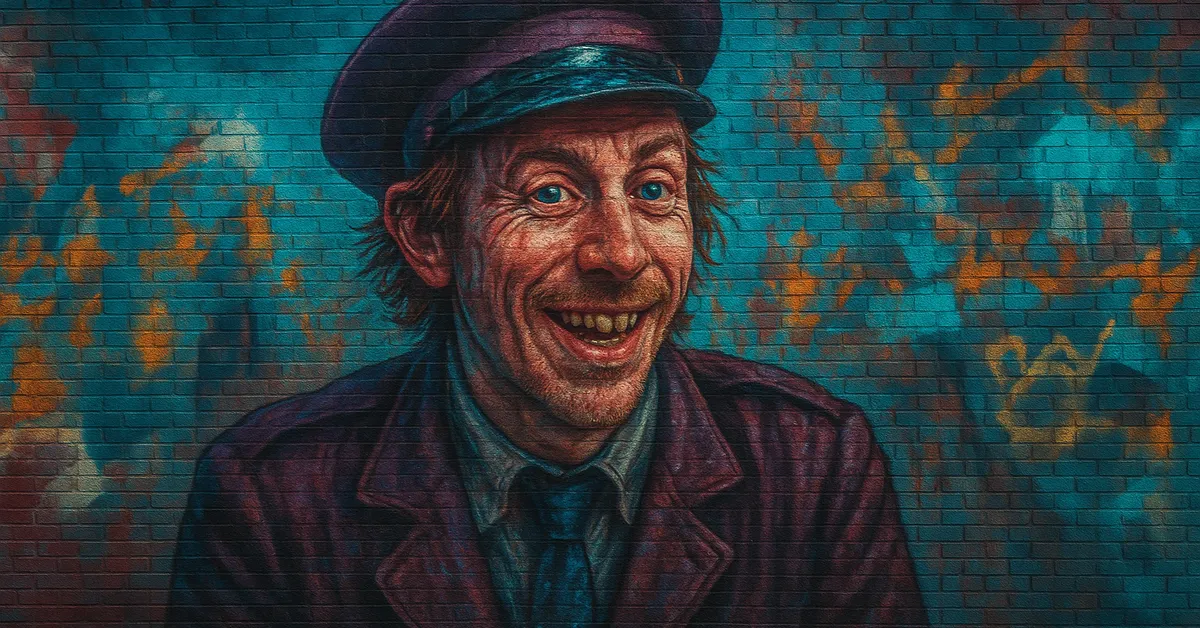 graffiti portrait of Stan Shunpike wearing a purple conductor's hat and uniform with a wide toothy grin on a brick wall